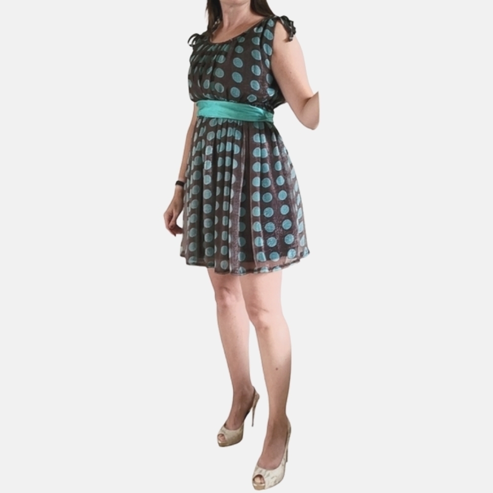 Katie - Women's layered dress, with belt, brown with teal dots, size small